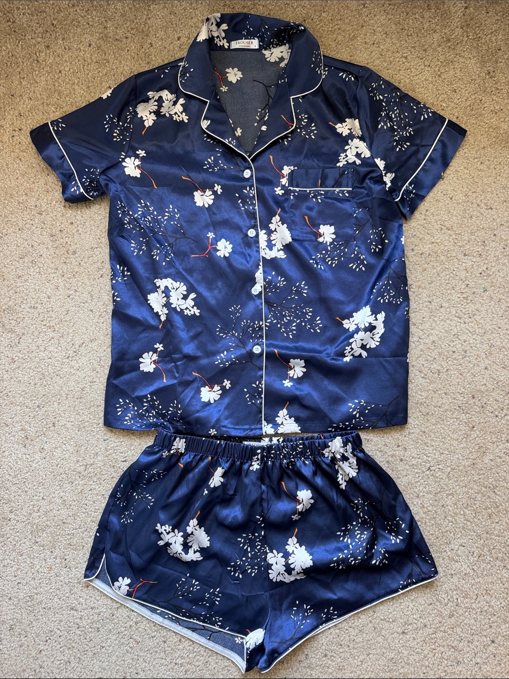 Women's Navy Floral Satin Short Pajama Set